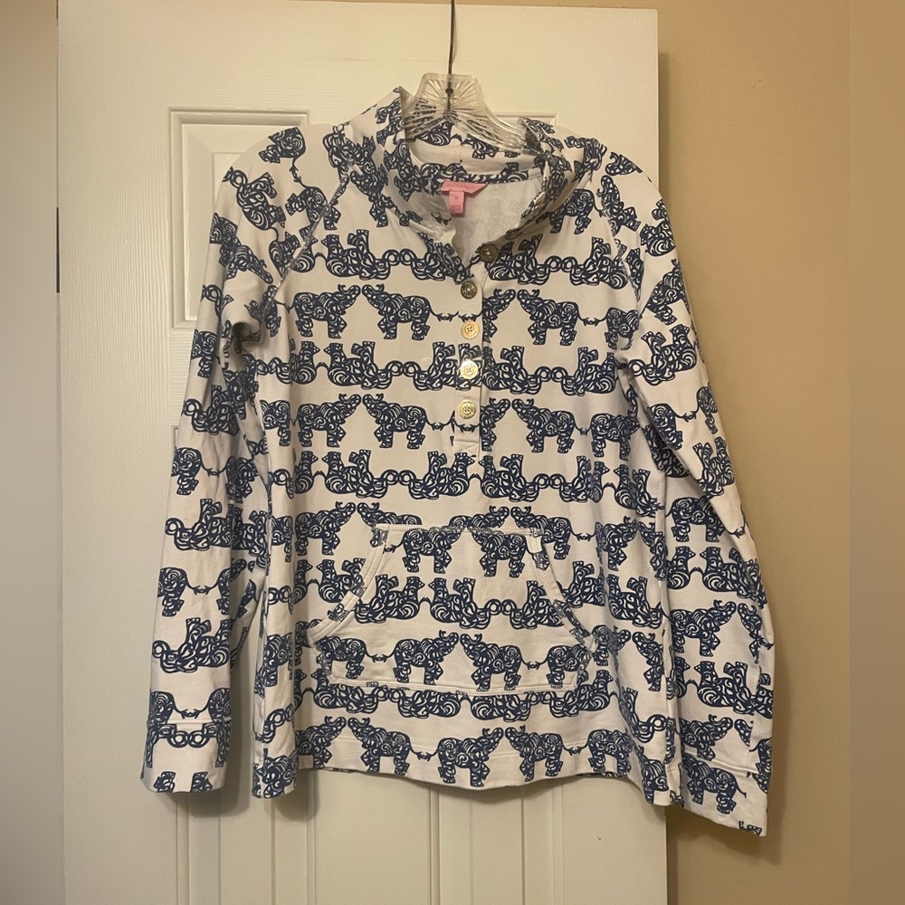 Lilly Pulitzer Elephant Print Popover Sweatshirt Top 1/2 Button Up Size Medium